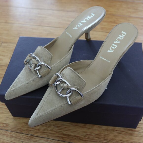Prada Leather Suede Beige/Tan Silver Buckle Mule Heels Size 40.5 - Picture 7 of 8